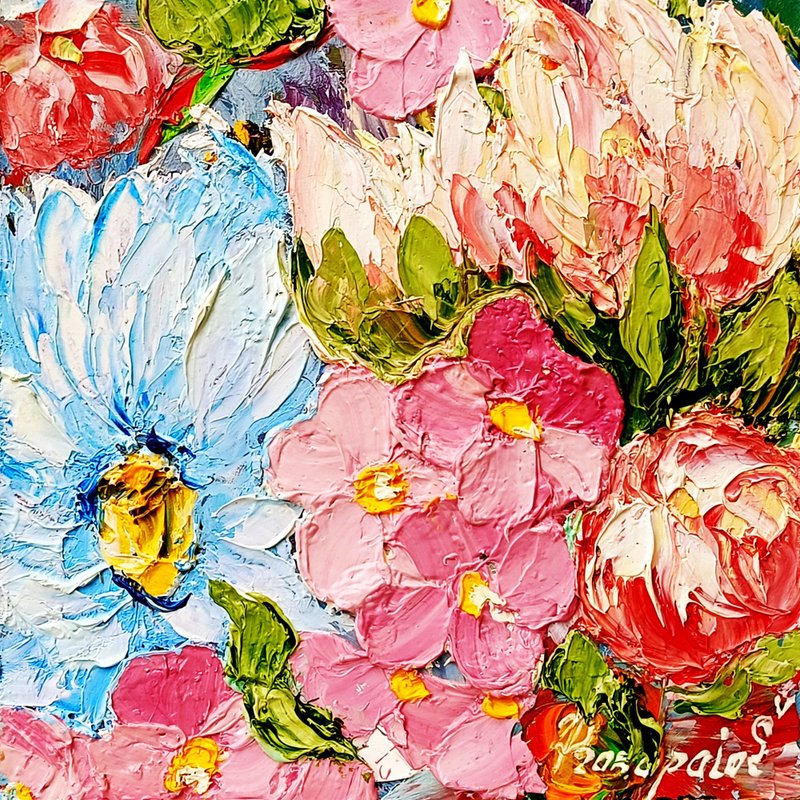 Peony Painting Peonies Original Art Floral Oil Painting Flowers Small Wall Art - 壁貼/牆壁裝飾 - 其他材質 粉紅色