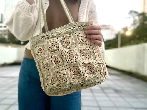RitCrochet Design 拉菲草編織祖母格托特包手挽袋