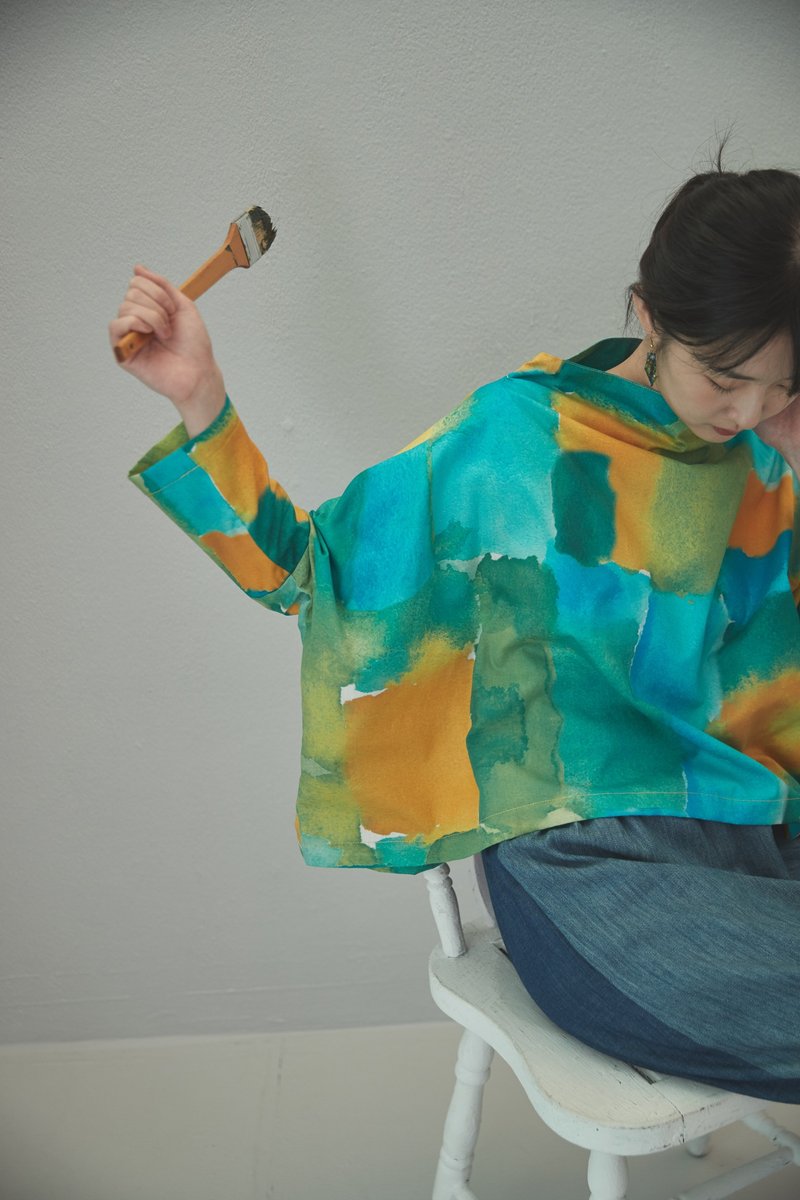 2019aw flower cloth number 003 home bath space turtleneck cape top - เสื้อผู้หญิง - ผ้าฝ้าย/ผ้าลินิน สีเขียว