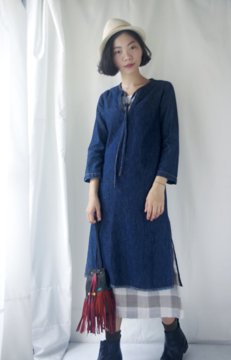 ヴィンテージトレジャーハント - シンプルなブルーのデニムドレスのスリット - ワンピース - コットン・麻 ブルー