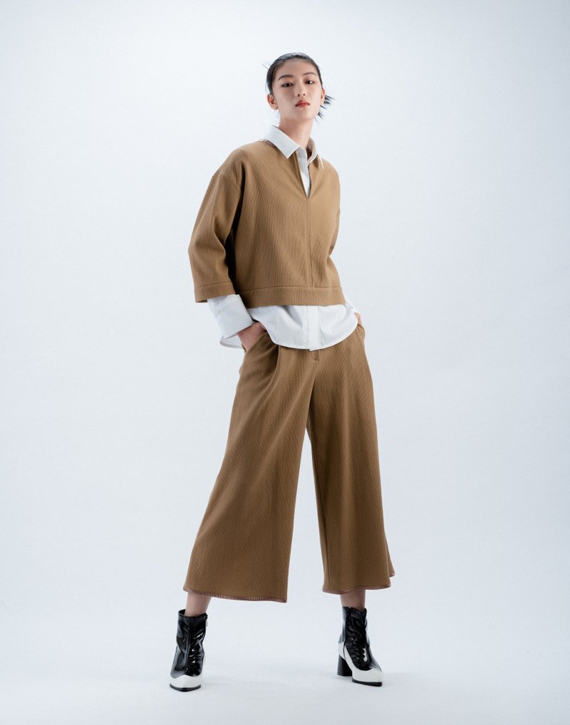 UUIN_咖啡華夫格拉鍊裝飾褲 - 女長褲 - 棉．麻 咖啡色