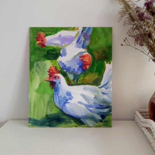 値下げ　原画　送料込み　F4　鶏　絵画　動物画　アクリル画　現代アート　鳥 鶏の絵鳥オリジナルの油彩画です。コテージコアファームハウス