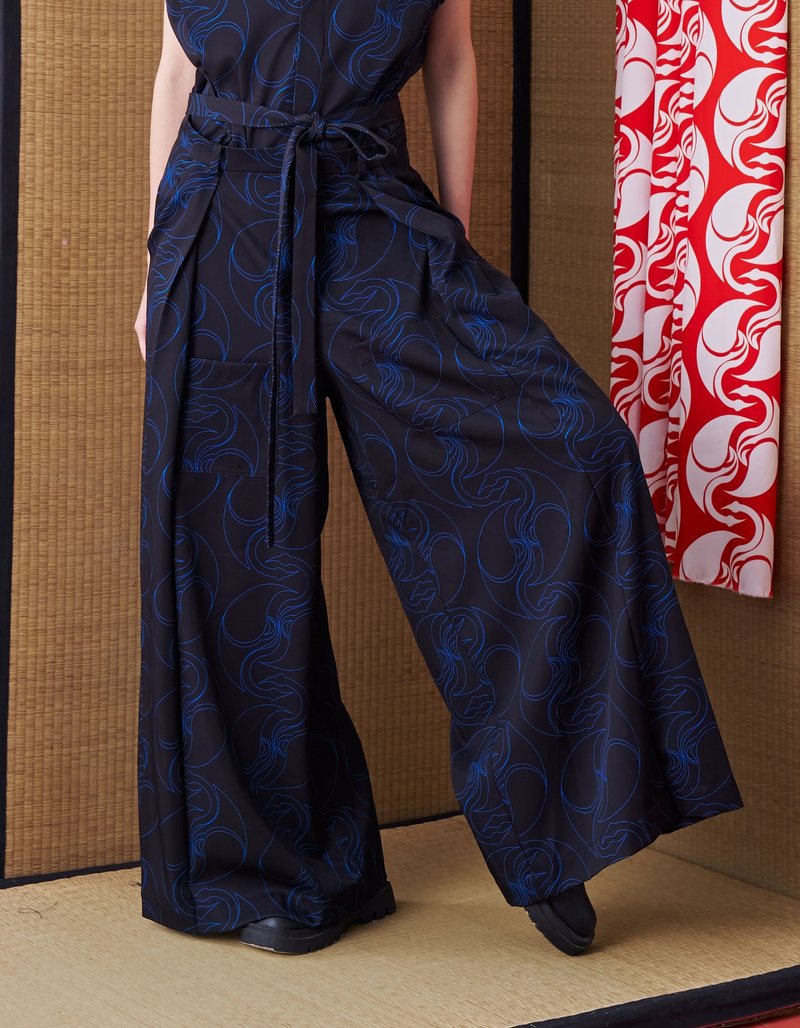 INF 24AW Japanese hakama-style Deconstructed Wide-leg Trousers - กางเกงขายาว - เส้นใยสังเคราะห์ สีน้ำเงิน