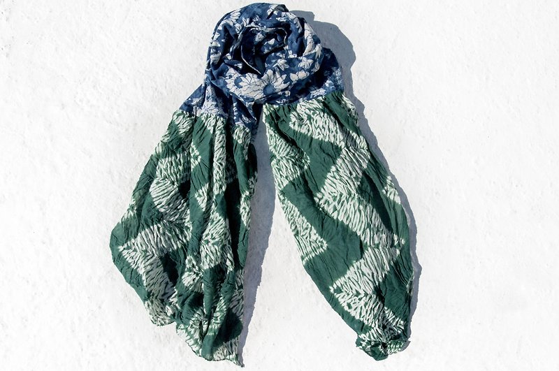 Blue dyed silk scarf / batik dyed silk scarves / plant dyed scarves / indigo woodcut silk scarves - flower grassland - Scarves - Cotton & Hemp Multicolor