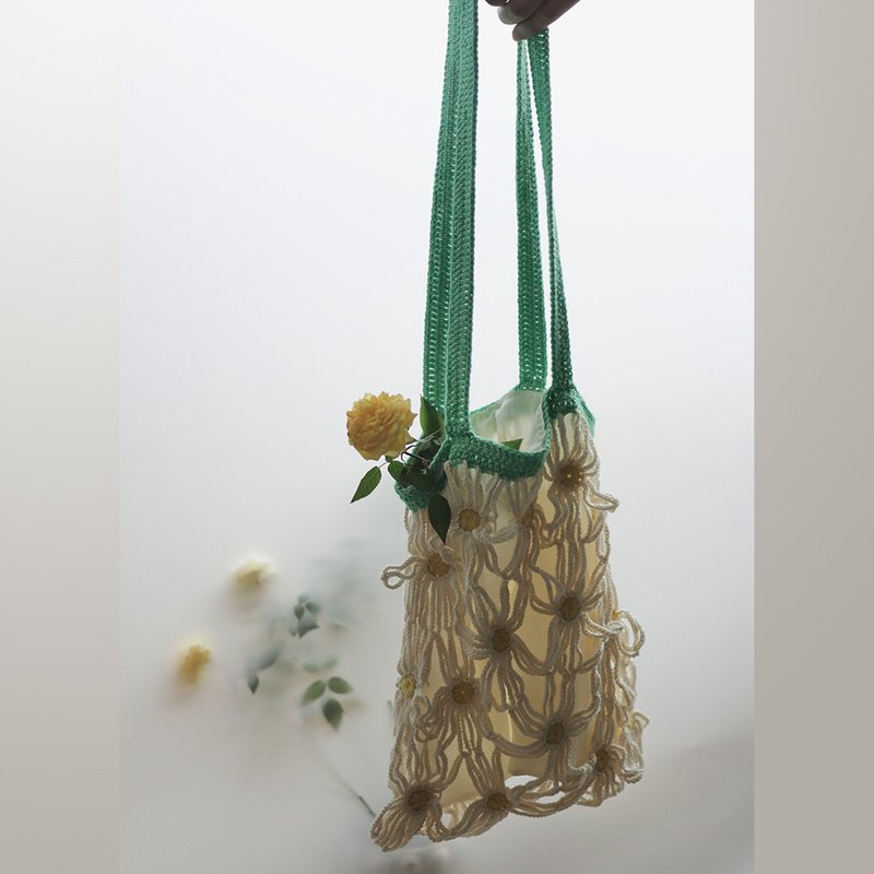 菊花鉤織鏤空手提袋 米杏白TOTE 托特休閒包 單肩 - 側背包/斜背包 - 棉．麻 多色