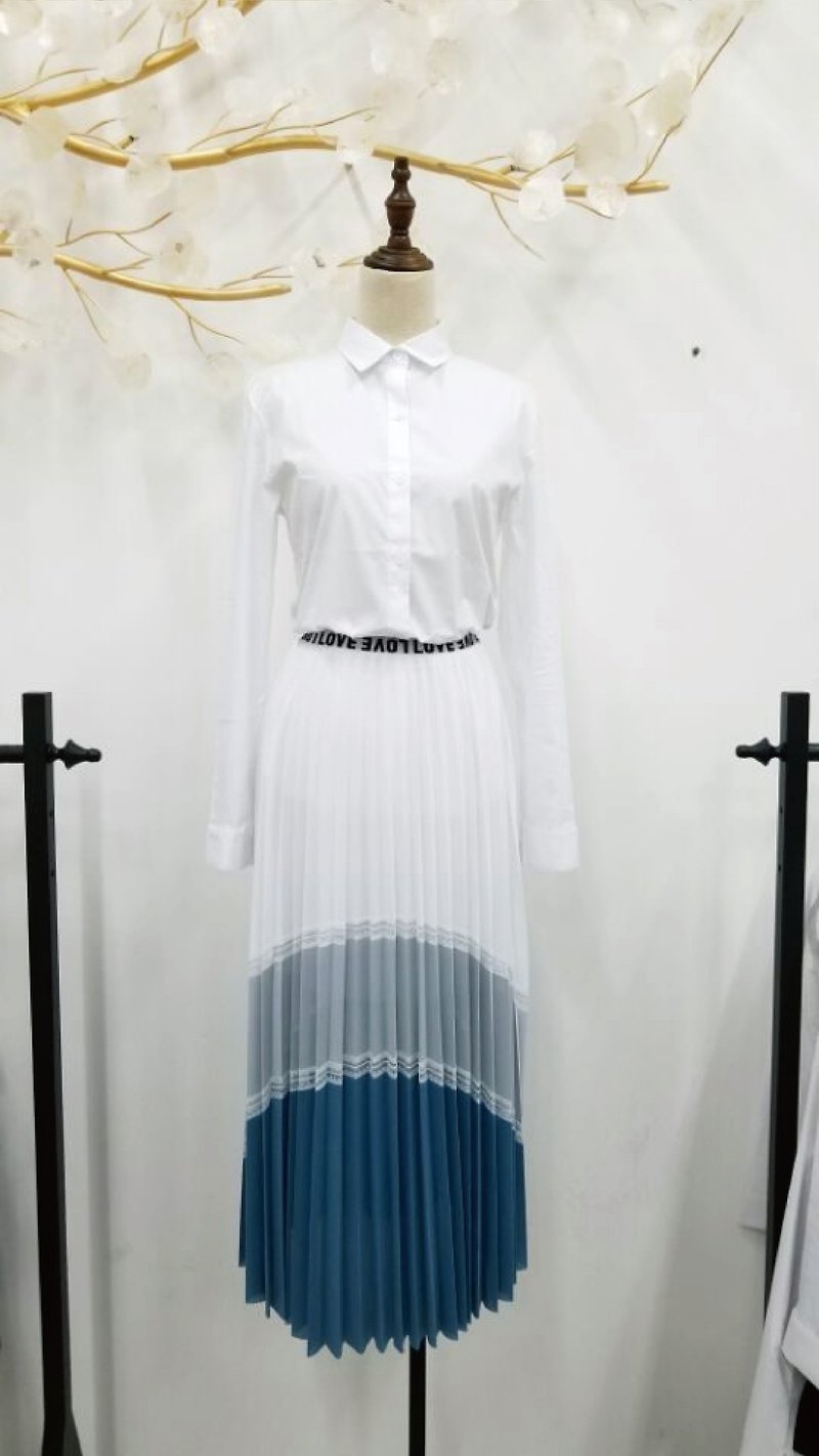 Gradient pleated dress - กระโปรง - ผ้าฝ้าย/ผ้าลินิน สีน้ำเงิน