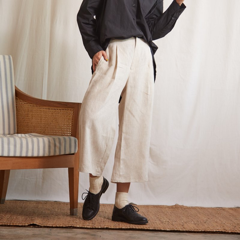 Natural Cropped Wide Leg Pants in Beige Color - 女長褲 - 亞麻 卡其色