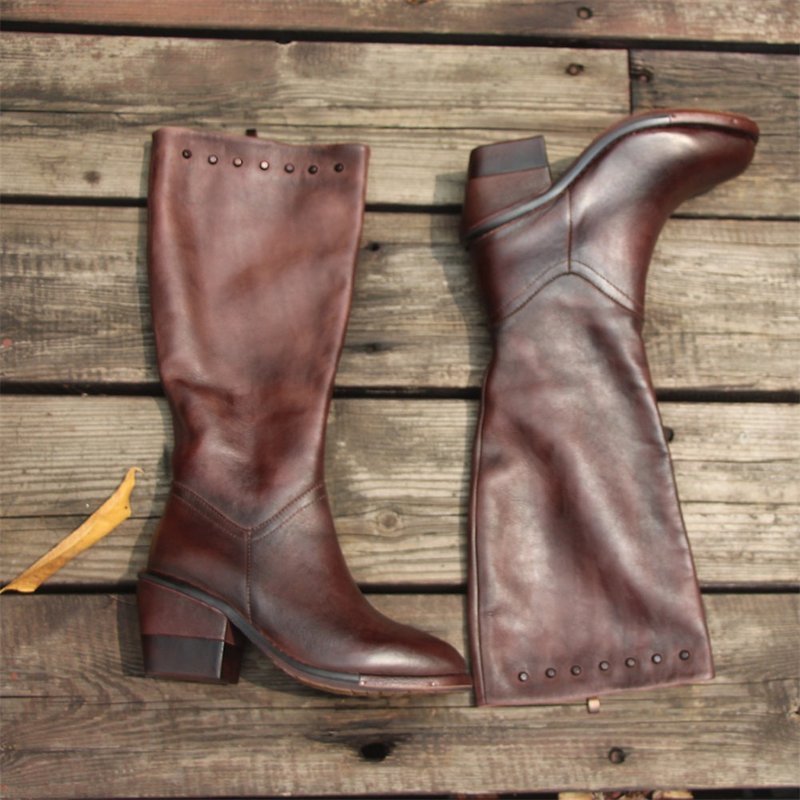 Handmade Leather Knee High Boots  Block Heel Biker Boots Retro Rivet - Women's Boots - Genuine Leather Brown