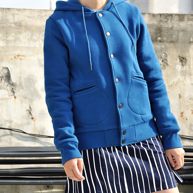 Inner brushed cotton hooded sweatshirt fitted jacket baseball jacket - lake blue - เสื้อแจ็คเก็ต - ผ้าฝ้าย/ผ้าลินิน สีน้ำเงิน