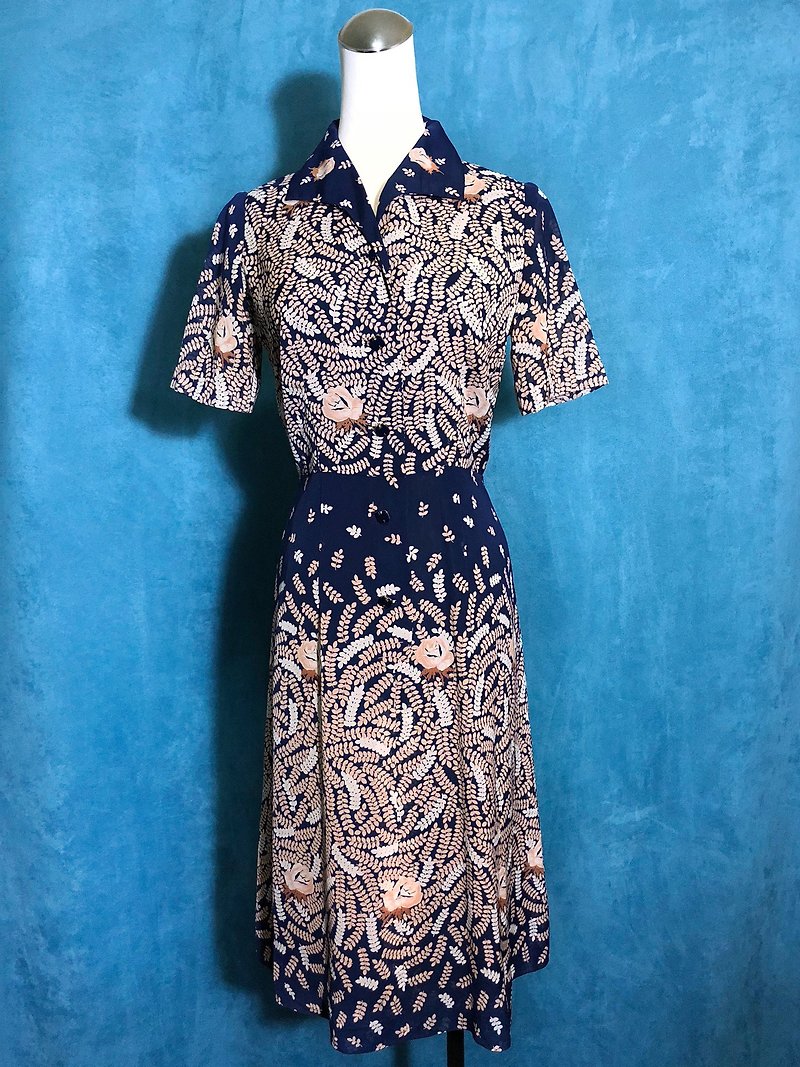 Rose fern short-sleeved vintage dress / bring back VINTAGE - ชุดเดรส - เส้นใยสังเคราะห์ สีน้ำเงิน