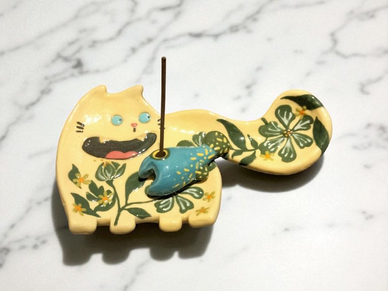 暖暖黃俏皮小花貓線香組 - 擺飾/家飾品 - 陶 