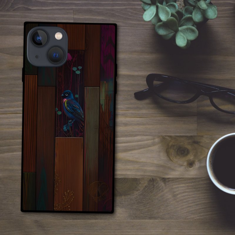 Chic, stylish, antique and retro wood grain and blue bird square smartphone case [tempered glass finish] Compatible with iPhone 16 - เคส/ซองมือถือ - พลาสติก หลากหลายสี