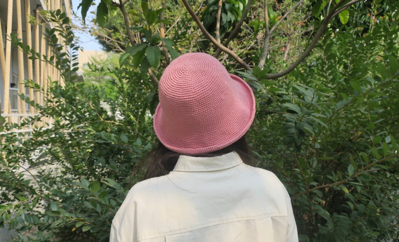 手工編織帽-簡約漁夫帽/棉繩帽/復古櫻花粉/禮物 - 帽子 - 棉．麻 粉紅色