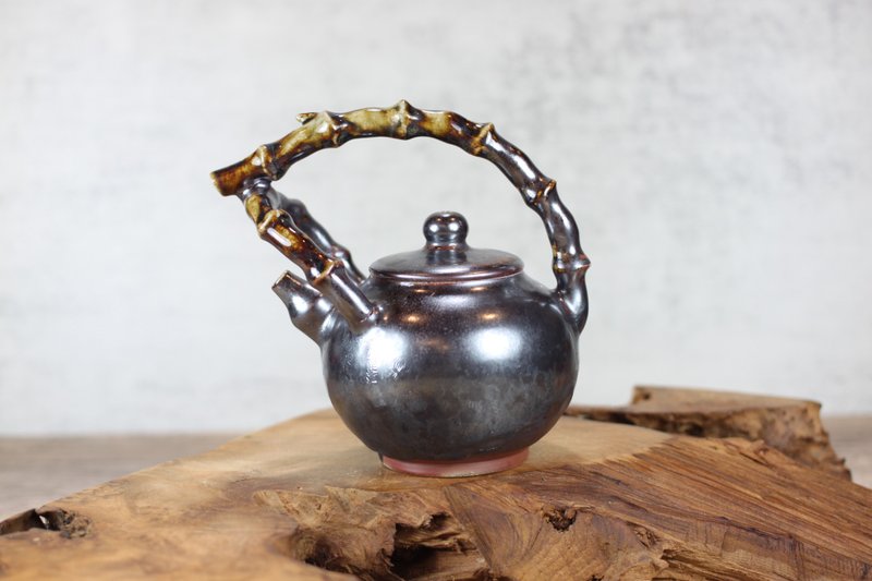 【送禮好物】250ml 天目柴燒 竹節提樑茶壺 葉敏祥手作精品 - 茶壺/茶杯/茶具 - 瓷 