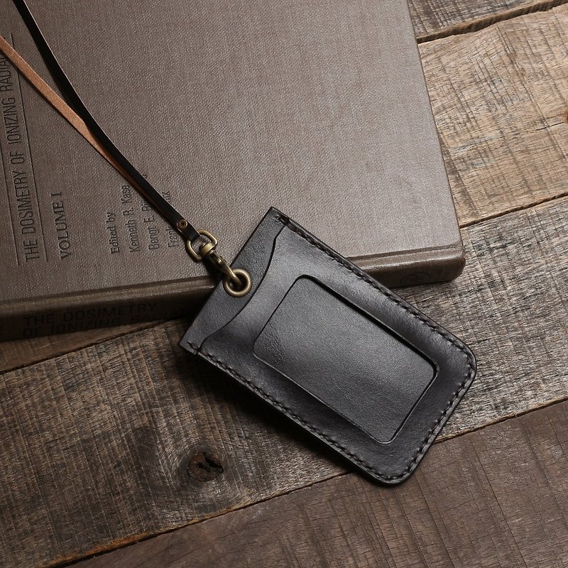 Crafted straight ID holder | Stone black hand-dyed vegetable tanned cow leather | Multi-color - ที่ใส่บัตรคล้องคอ - หนังแท้ สีดำ
