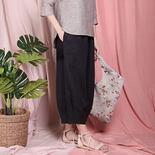 Candith Natural Linen Pants Stitching Details at the leg Elasticated waist - Black