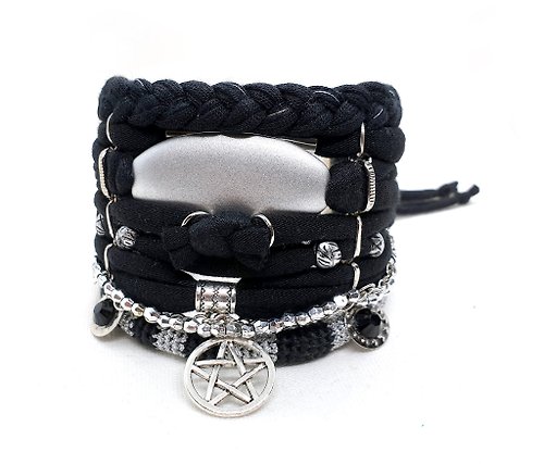 vanessahandmade Black Boho Bracelet, Pentacle Pagan Bracelet Wiccan Jewelry