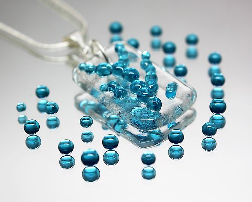 Arctida Spring necklace for women Abstract pattern Teal Blue glass jewelry Unique gift