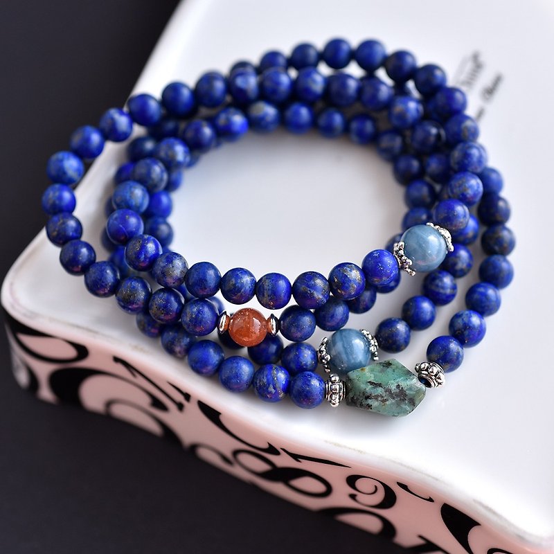 Scrub lapis lazuli + sea sapphire + turquoise 108 rosary - Bracelets - Gemstone Blue