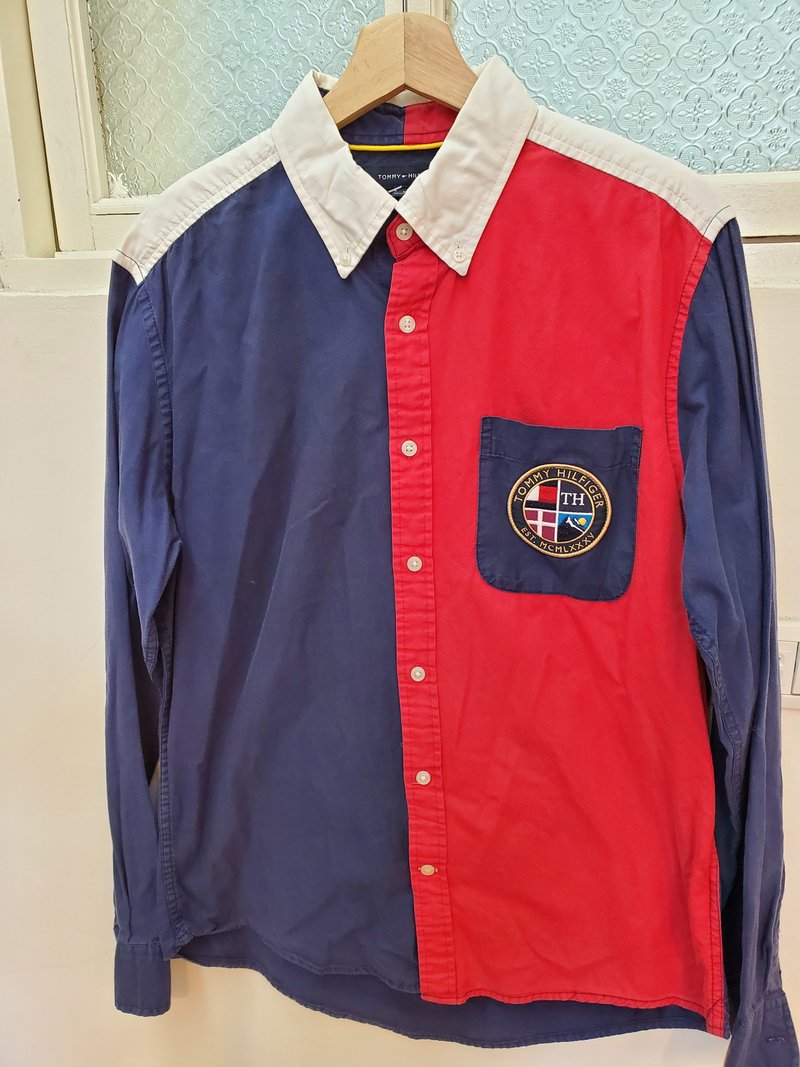 有禮貌穿搭 日本古著 tommyhilfiger 拼接撞色款 棉質長有禮貌穿 - 男襯衫/休閒襯衫 - 棉．麻 多色