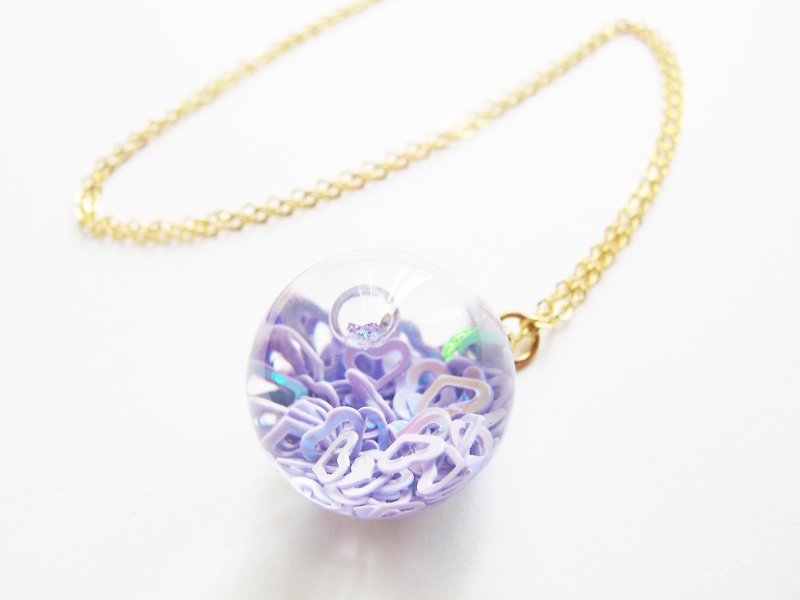 ＊Rosy Garden＊ purple heart shape glitter with water inisde glass ball necklace - สร้อยติดคอ - แก้ว สีม่วง