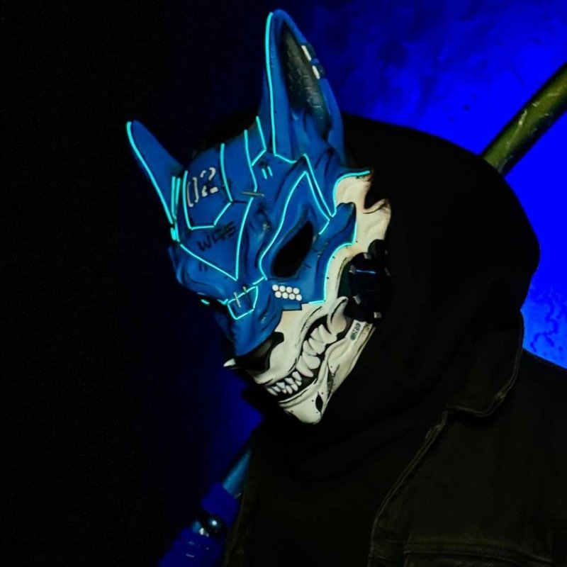 Cyberpunk Mask — Kitsune Blue White with LED, Cyber Helmet, Futuristic Fox Mask - 口罩/口罩收納套 - 樹脂 藍色