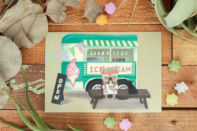 Frenchbulldog postcard / Summer Black Cat Ice Cream  / Magger daily series - Cards & Postcards - Paper Khaki