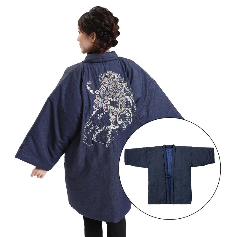 Hanten, Japanese clothing, embroidered, Sukajan, Japanese pattern, unisex, M, L, navy - เสื้อฮู้ด - ผ้าฝ้าย/ผ้าลินิน สีน้ำเงิน