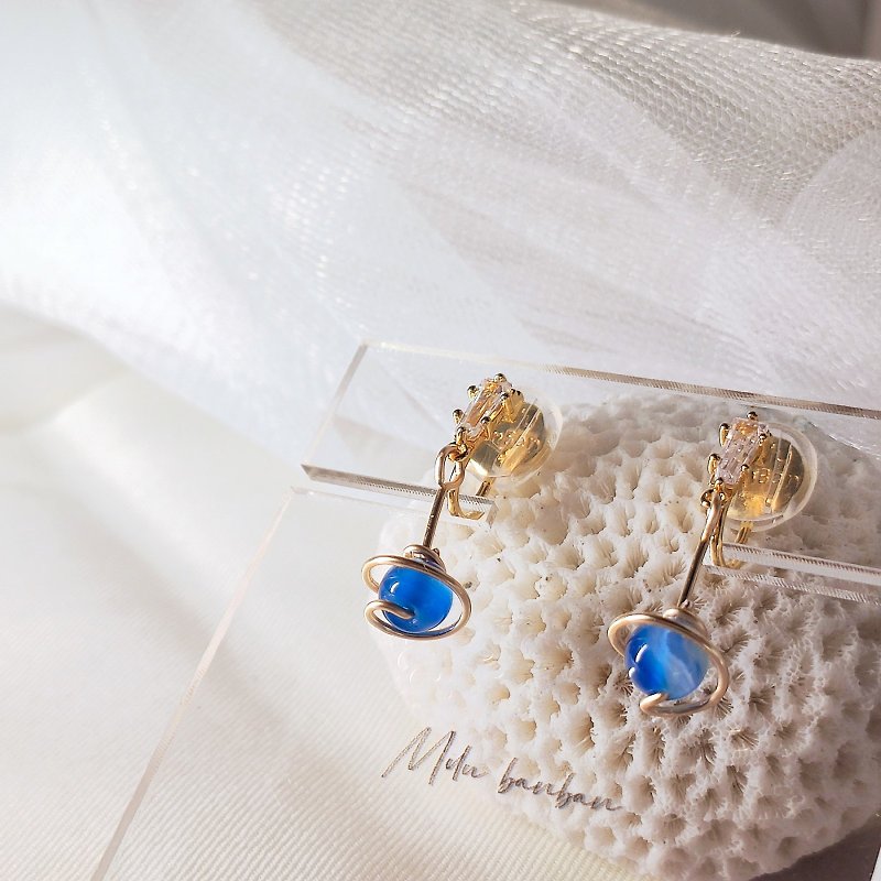 夾式耳環 | 水藍星 | 水晶 - 耳環/耳夾 - 其他材質 金色