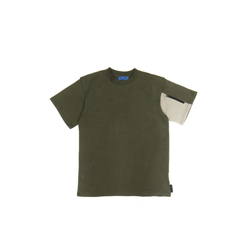 Contrast color top with sleeve pockets-dark green - เสื้อยืดผู้ชาย - ผ้าฝ้าย/ผ้าลินิน สีเขียว