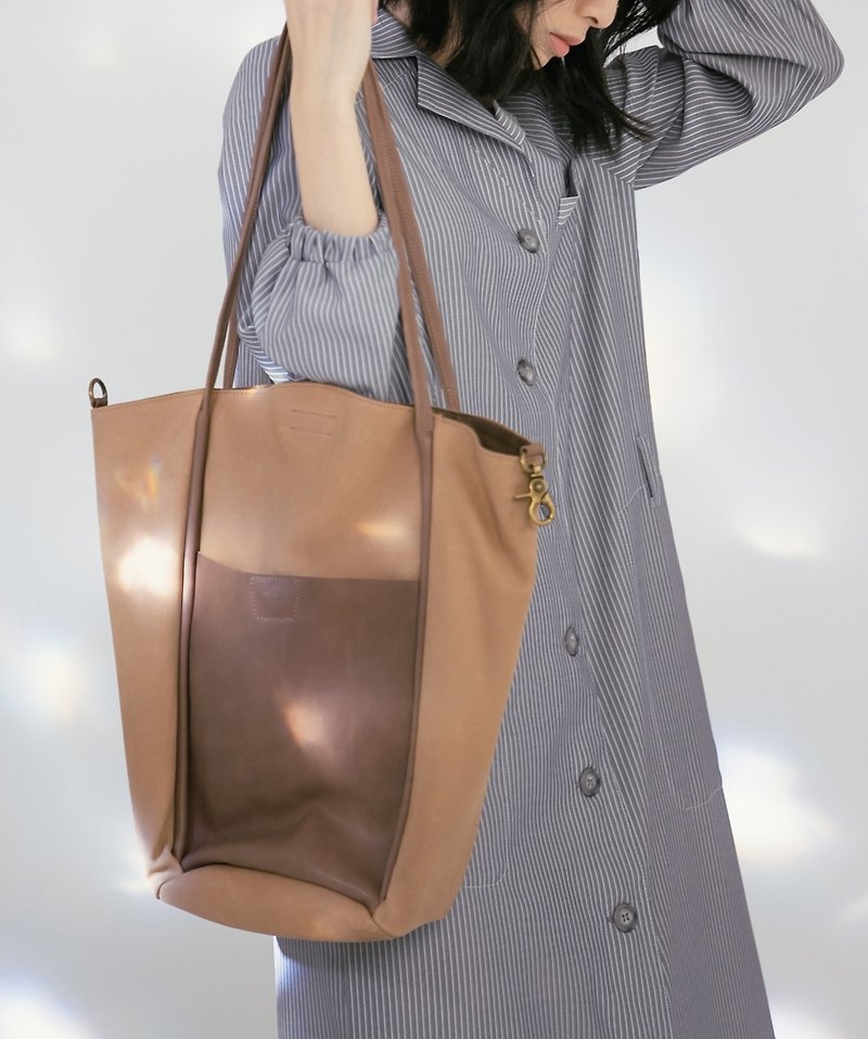 細帶設計 真皮托特子母2用包-浅褐棕 - 手提包/手提袋 - 真皮 咖啡色