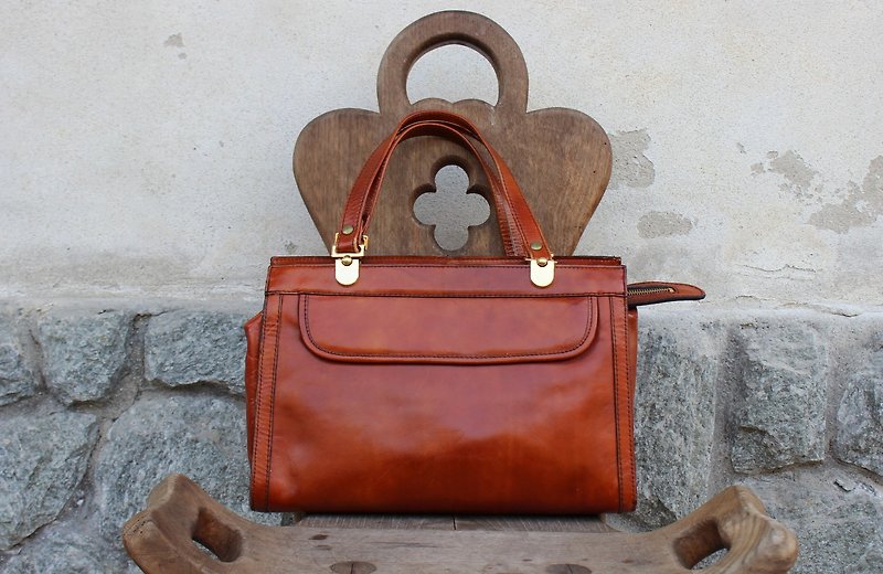 B164[Vintage皮包](義大利製)咖啡色手提包古董包 - 手提包/手提袋 - 真皮 咖啡色