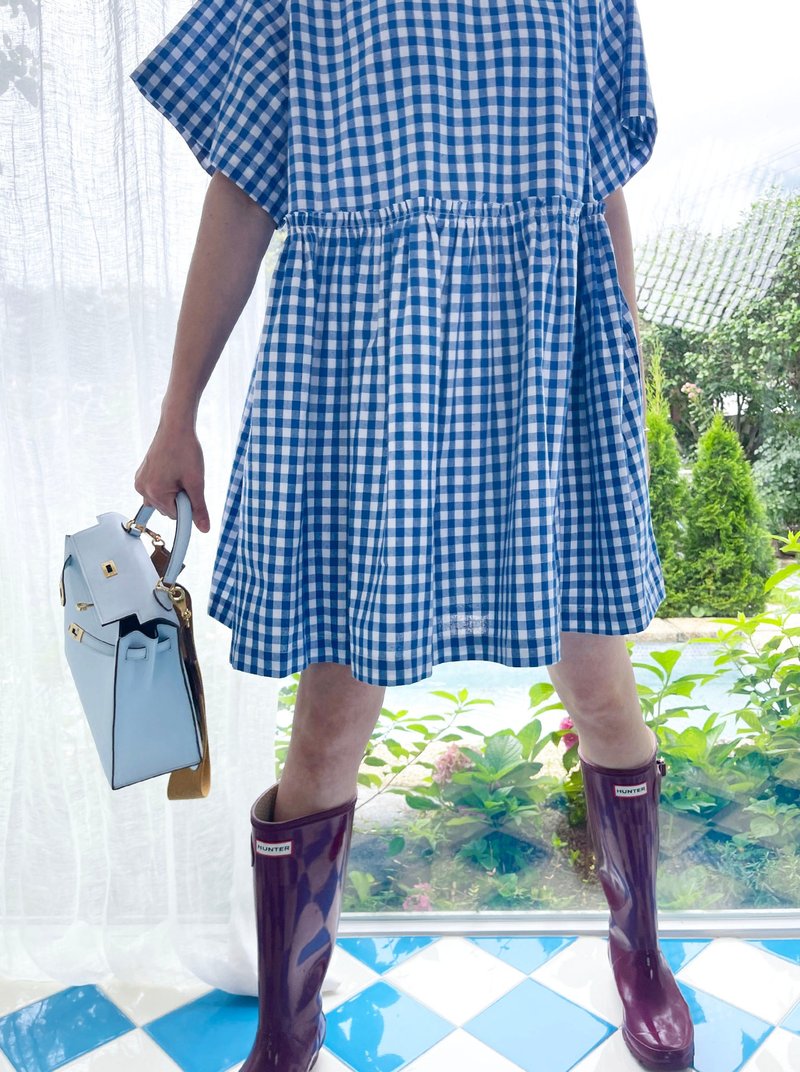 VimeVime Classic Mini Dress - Blue Gingham - 洋裝/連身裙 - 棉．麻 藍色