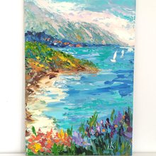 キャンバスに描かれた海の油絵 海景画 海岸画 カモメの絵