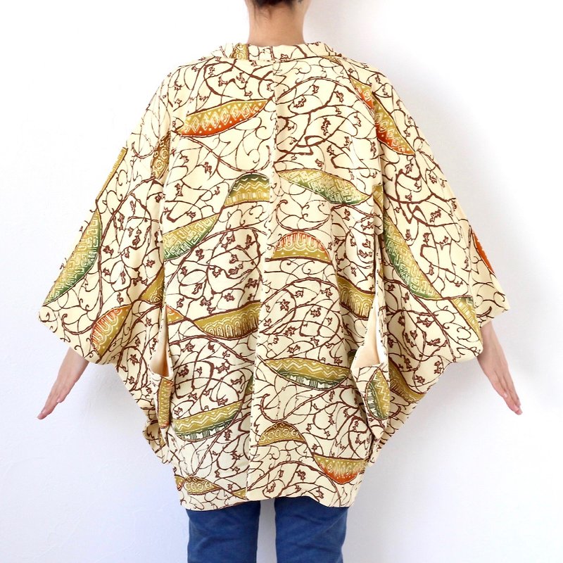 leaf kimono, Haori jacket, Asian jacket, Vintage haori /3467 - 女大衣/外套 - 絲．絹 黃色