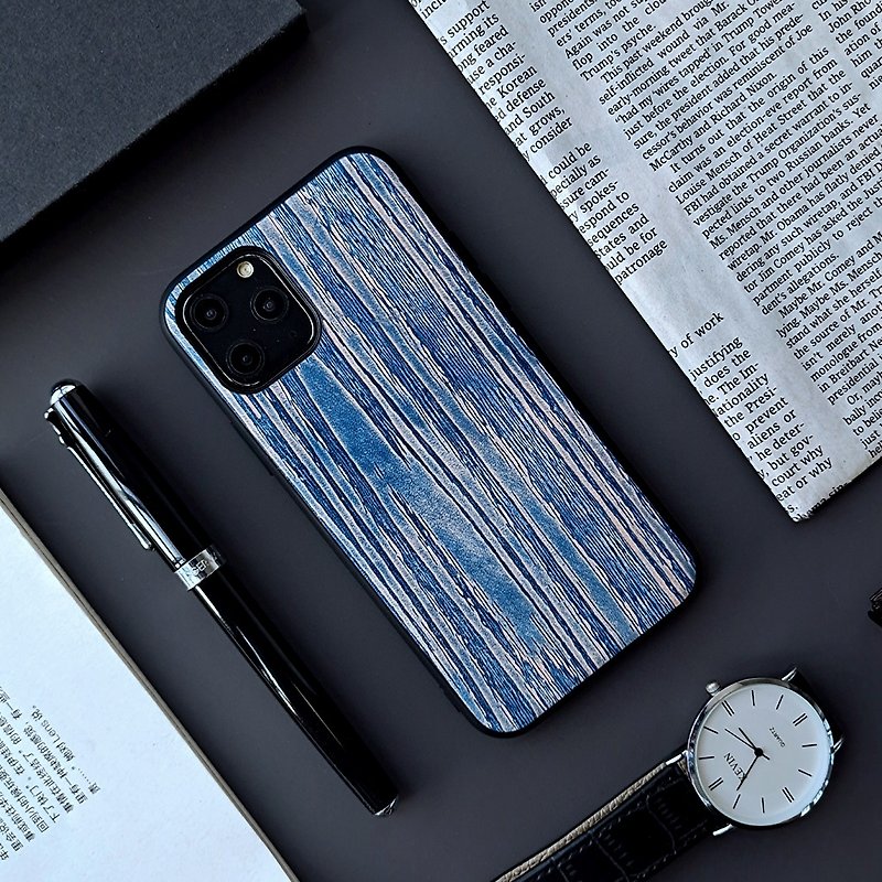 Mountain and sea blue tree pattern iphone11pro xs 12max xr 78plus leather mobile phone shell anti-fall protective shell - Phone Cases - Genuine Leather Blue