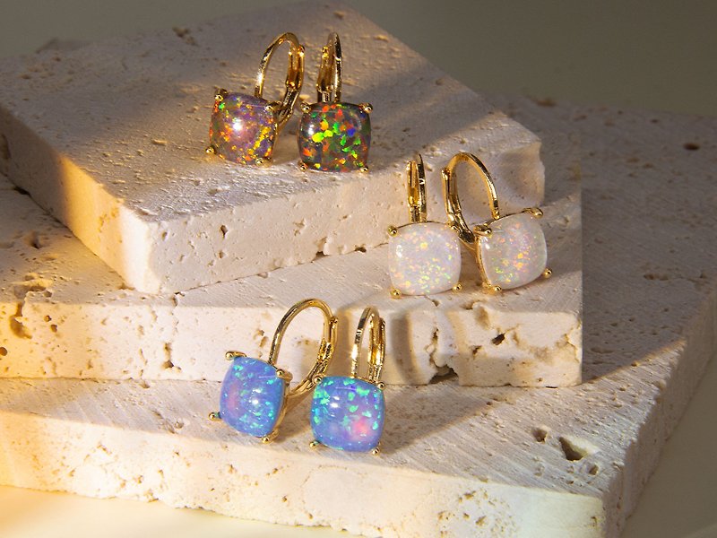Opal Huggie Earrings | Opal Square Earring | Charm Stud Earrings | - ต่างหู - โลหะ 