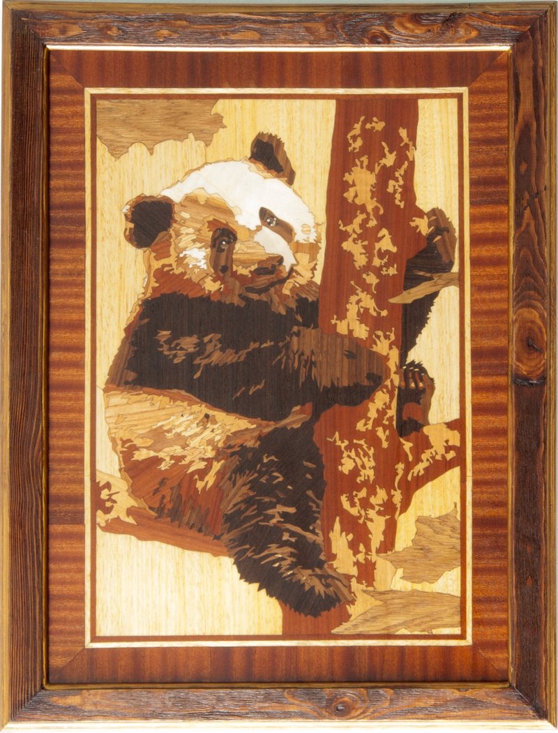 Panda wildlife wood mosaic picture wild nature eco gift inlay framed panel wall - 壁貼/牆壁裝飾 - 木頭 橘色