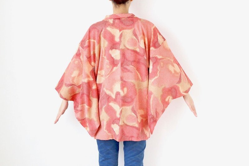Shibori kimono, EXCELLENT VINTAGE, haori, Japanese kimono /3640 - 外套/大衣 - 絲．絹 紅色
