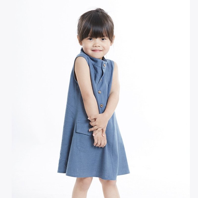 R0243 Chinese collar elegant dress - blue Jing - อื่นๆ - ผ้าฝ้าย/ผ้าลินิน สีน้ำเงิน
