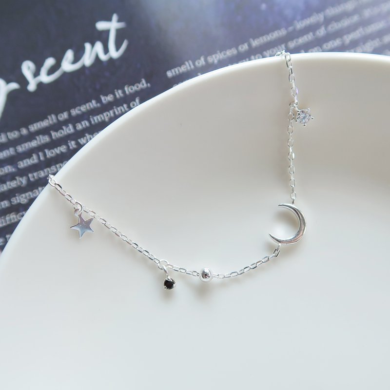 925純銀 黑尖晶 月亮 星星 小鑽 客製化刻字 手鍊 免費送禮包裝 - 手鍊/手環 - 純銀 黑色