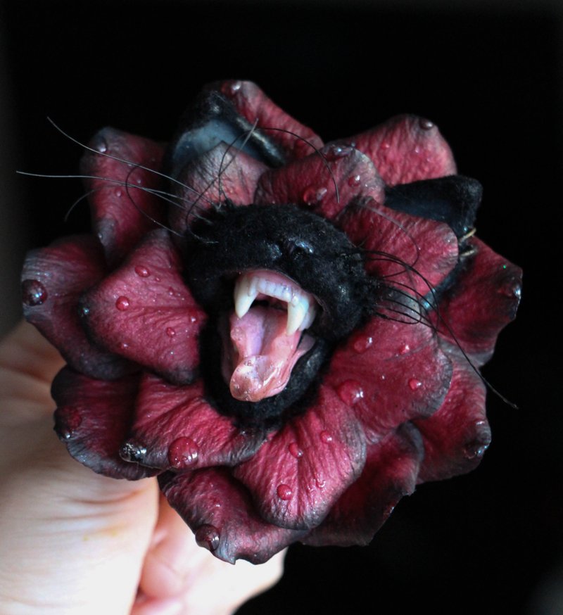 Cat Brooch Toothy Flower Cat in a Flower Brooch - 胸針 - 黏土 黑色