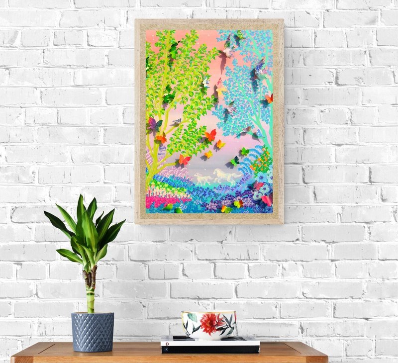 Only one piece available [Hakuba] Original painting Acrylic art interior collection butterfly landscape wall hanging forest - โปสเตอร์ - ไม้ สึชมพู