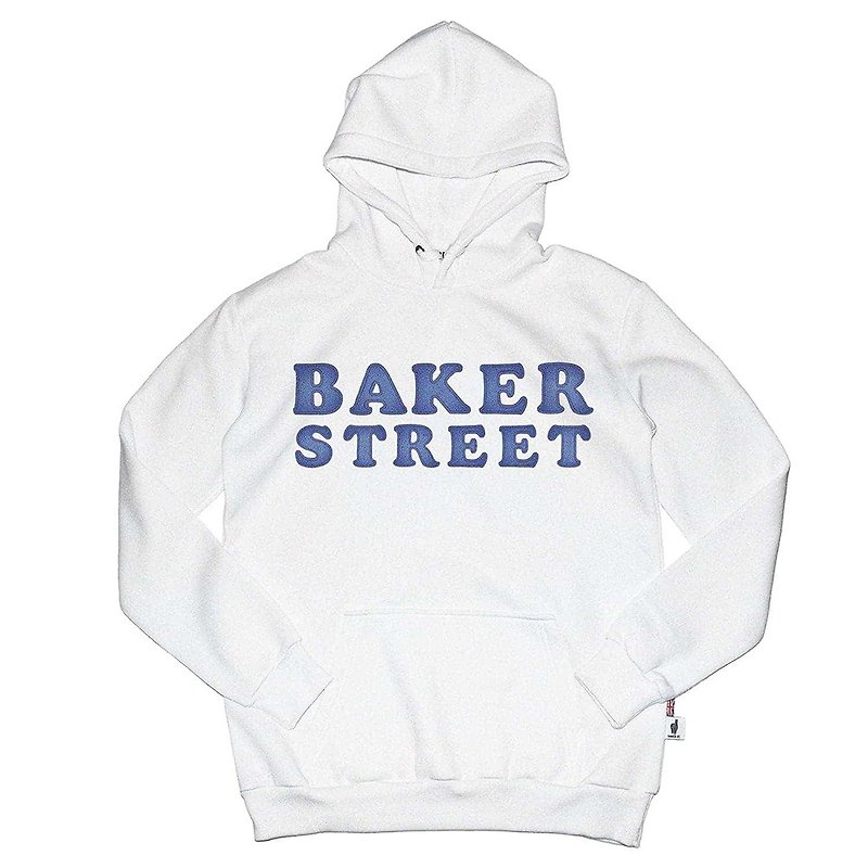 【英國 Baker Street 貝克街】中性款 - 純棉帽T - 丹寧文字 - 中性衛衣/T 恤 - 棉．麻 白色