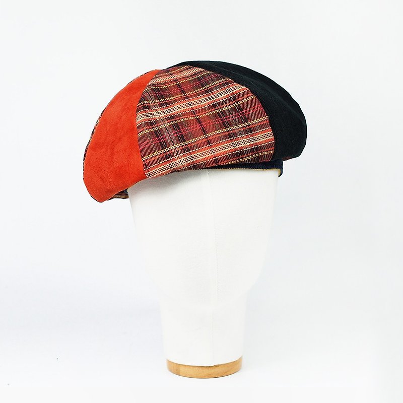 小牛村 手工貝雷帽 貝蕾帽 男女 燈芯絨【蘇格蘭格紋-紅黑】B-125 - 帽子 - 棉．麻 紅色