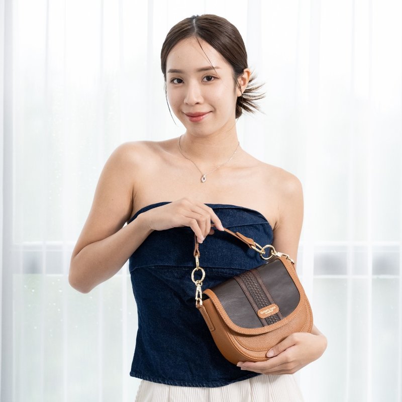 百變換蓋真皮馬鞍包 - 深棕雅典 - 側背包/斜背包 - 真皮 橘色