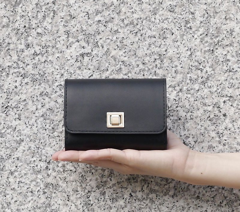 Black simple gold square buckle organ short clip - Wallets - Genuine Leather Black