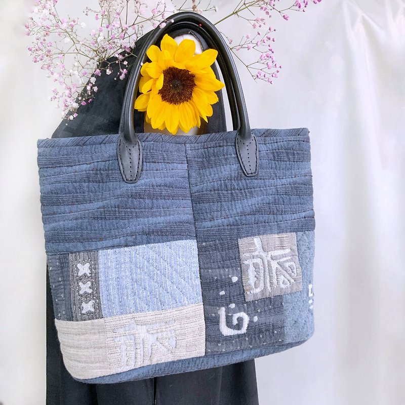 Cyan blue ancient text symbol Japan first dyed cloth leather handle handbag shoulder bag