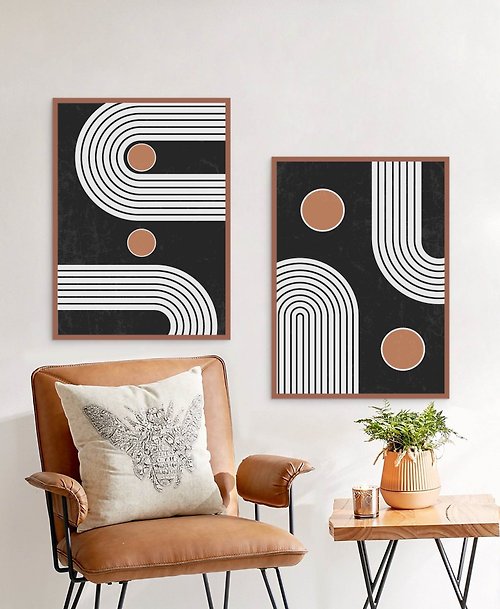 夏日神殿 Electronic file, set of 2 posters, abstract geometric wall art, black and white