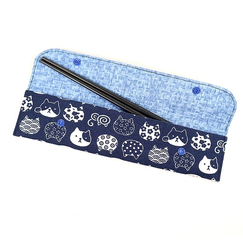 環保筷套  筷子套  餐具收納袋 筆袋- 福氣貓臉(藍) - 筷子/筷架 - 棉．麻 藍色